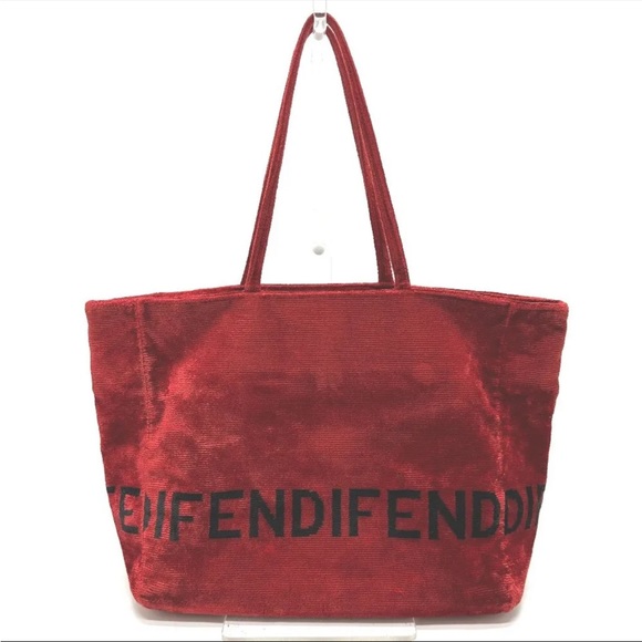 FENDI Logo Corduroy Velvet Velour Logo Red & Black Tote Bag - Picture 3 of 11